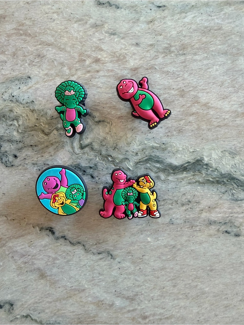 Barney & Friends croc charms - Pink Green Yellow